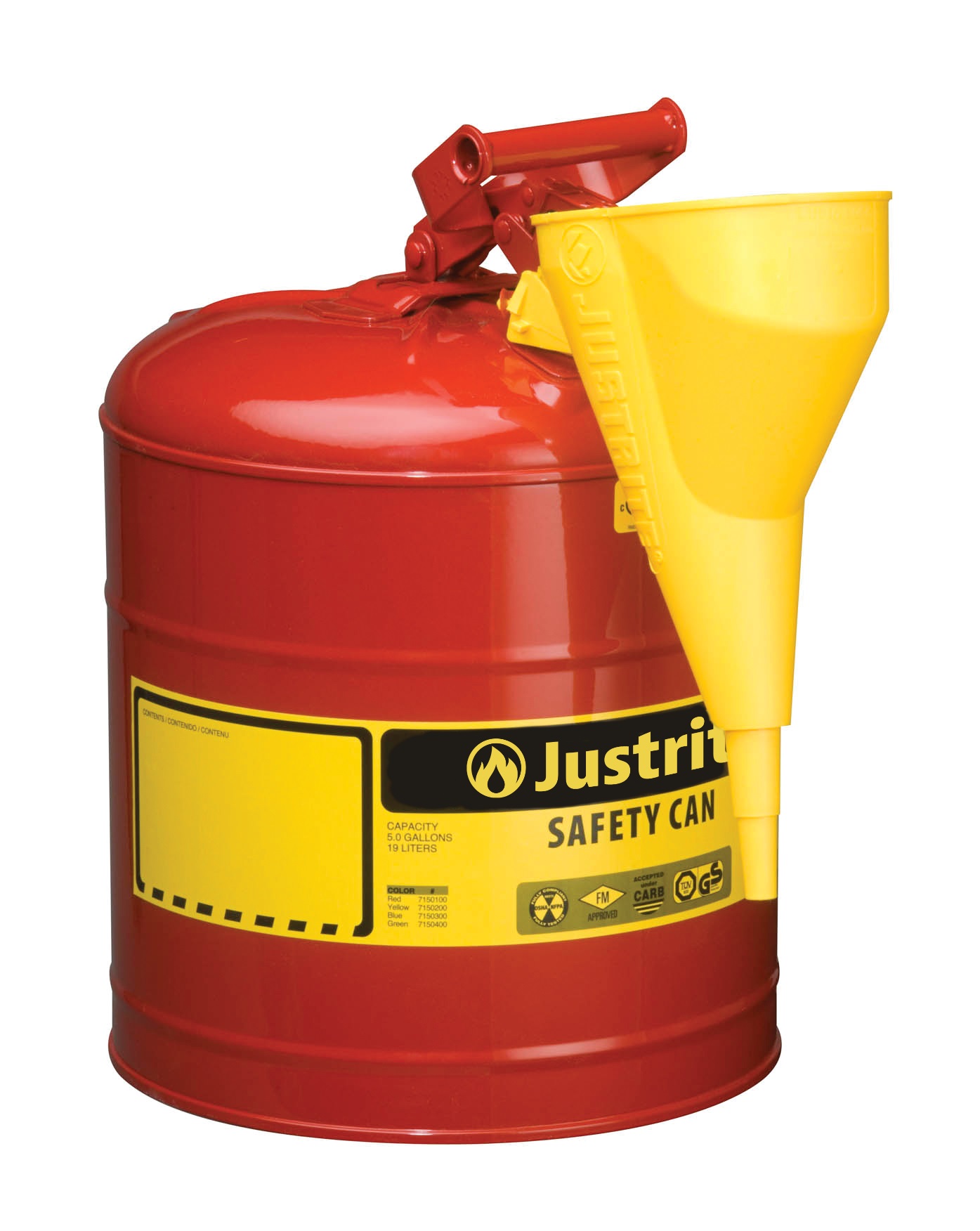 Justrite Swinging Handle Type 1 Safety Cans with Funnel Red - Spill Containment